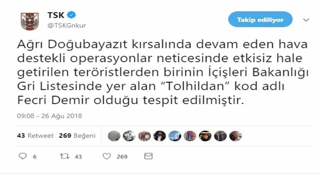  Gri  listede yer alan terörist öldürüldü