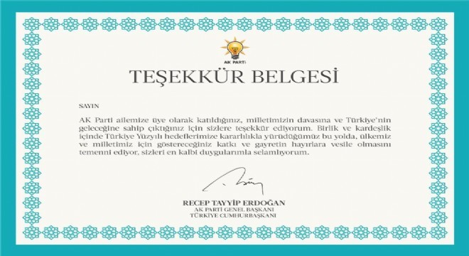 AK Parti’den üyelere teşekkür belgesi