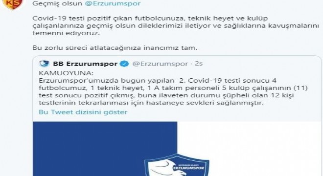 Kayserispor’dan Erzurumspor’a geçmiş olsun mesajı