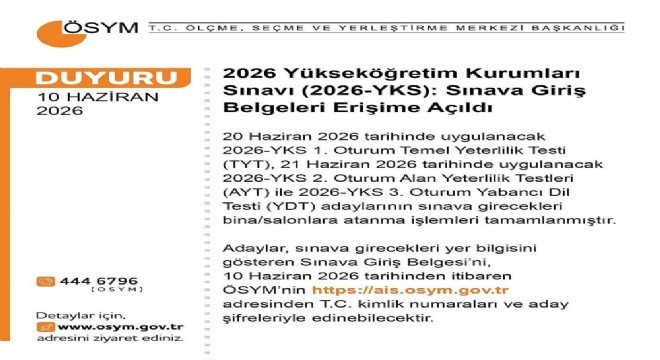 YKS giriş belgeleri erişime açıldı
