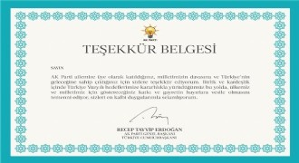 AK Parti’den üyelere teşekkür belgesi