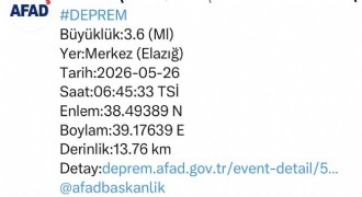 Elazığ’da 3.6 büyüklüğünde deprem